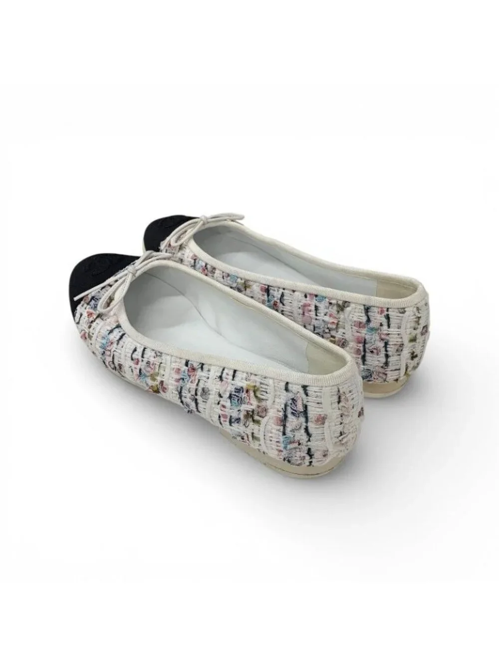 Chanel Flat Shoes Tweed White Black Multicolor CC Logo Ribbon - Picture 4 of 10